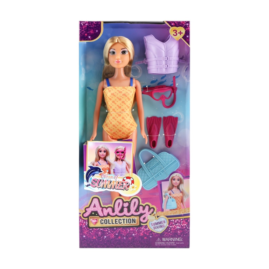 Muñeca articulada con accesorios de buceo, en caja