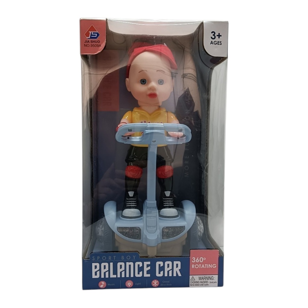 Muñeco con patineta electrónica, con luz y sonido, en caja