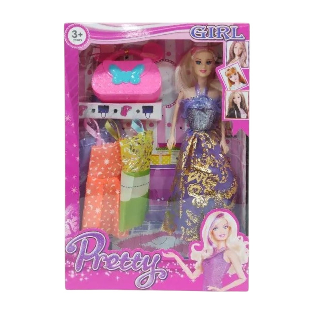 Muñeca articulada, con vestidos y accesorios, en caja