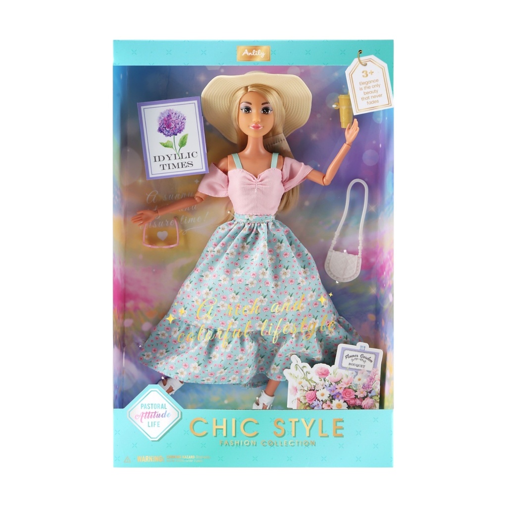 Muñeca articulada, florista, con accesorios, en caja