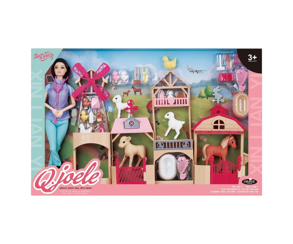Muñeca con accesorios de granja, en caja