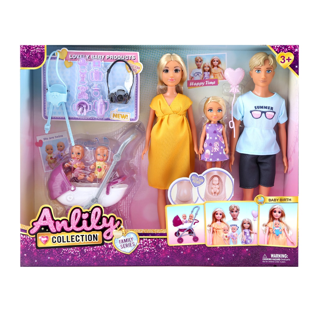Muñeca con muñeco e hija, con accesorios, en caja