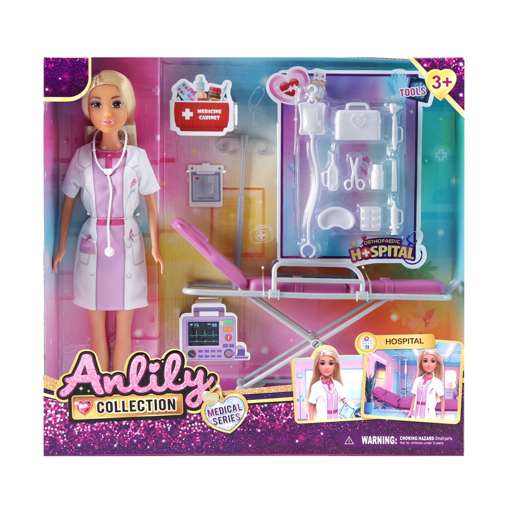 Muñeca articulada, doctora con accesorios, en caja