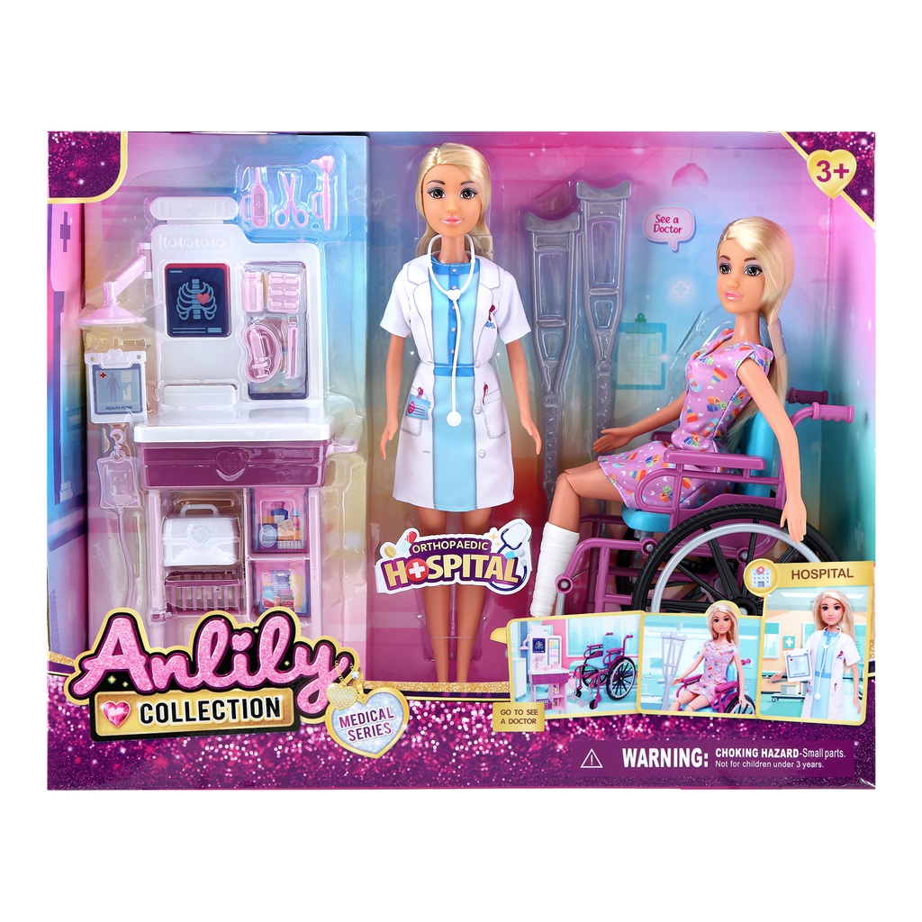 Muñeca articulada doctora con muñeca paciente y accesorios, en caja
