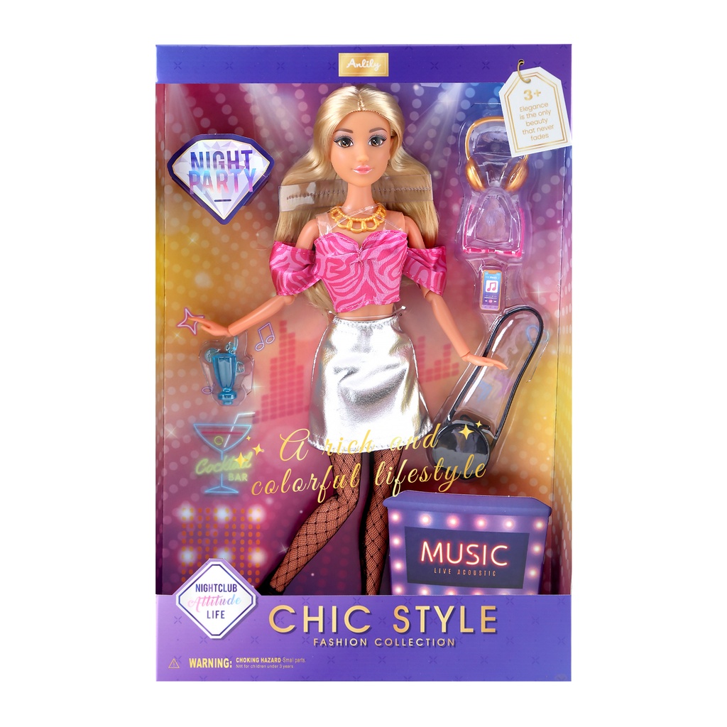 Muñeca articulada con accesorios de fiesta, en caja