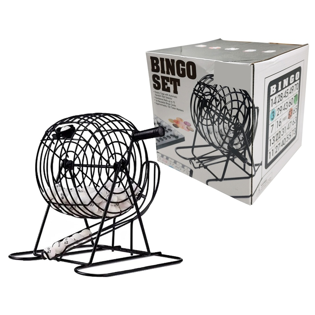 Juego de mesa, bingo, bolillero de metal, con cartones y marcadores, en caja