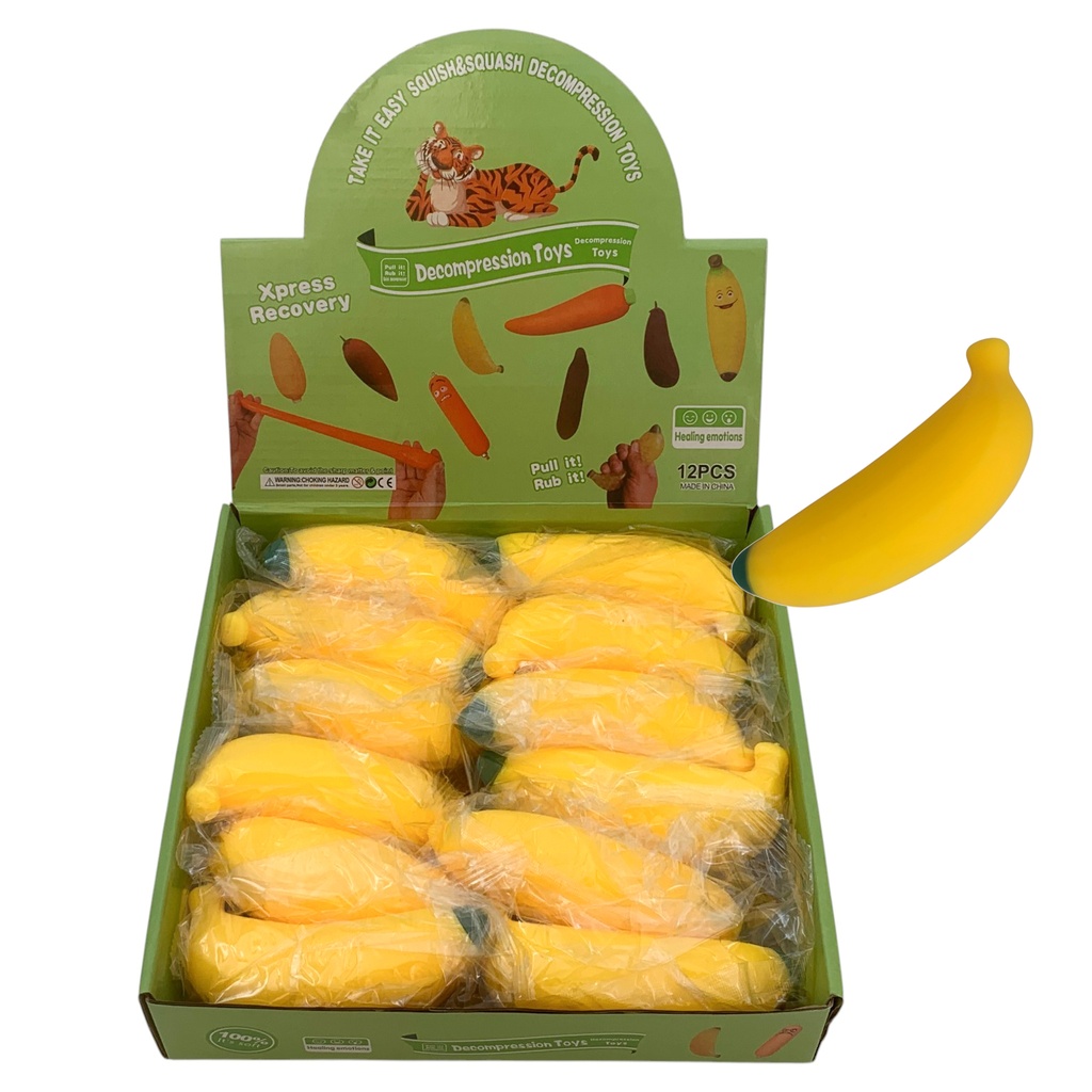 Juguete antiestrés de goma, banana, CAJA x12
