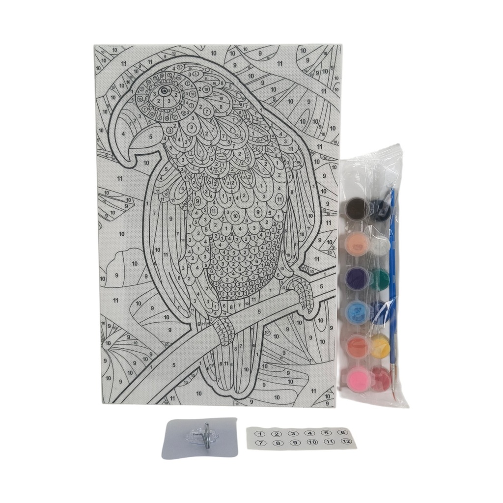 Cuadro para colorear por números, con acuarelas, 2 pinceles, diseño loro en caja