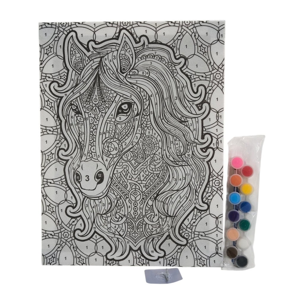 Cuadro para colorear por números, con acuarelas, 2 pinceles, diseño caballo en caja