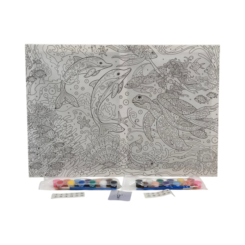 Cuadro para colorear por números, con acuarelas y pinceles, diseño fondo del mar, en caja