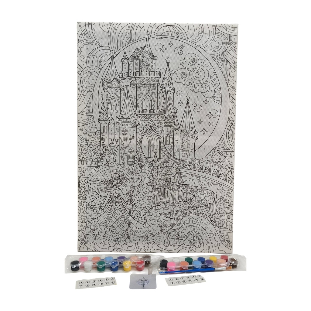 Cuadro para colorear por números, con acuarelas y pinceles, diseño castillo, en caja