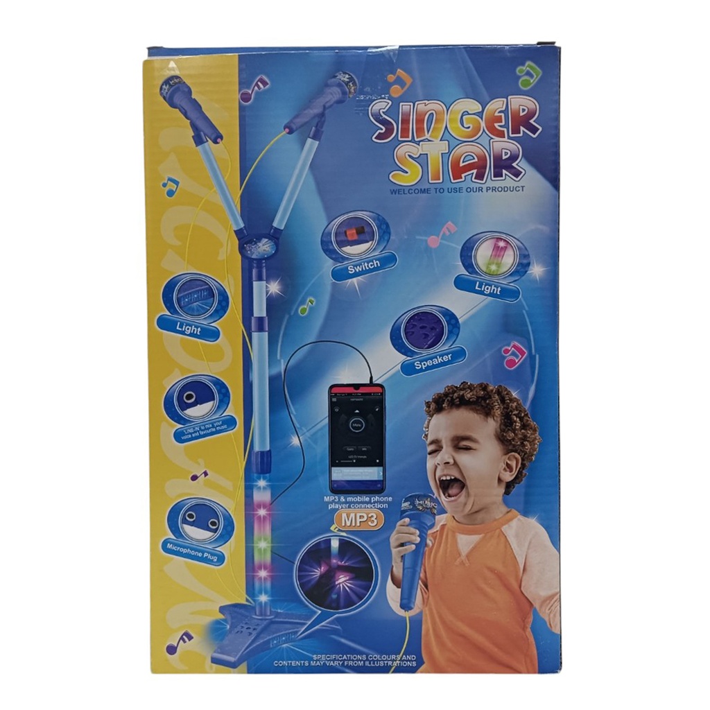 Micrófono con pie, doble con luz y sonido, MP3 3AA, en caja
