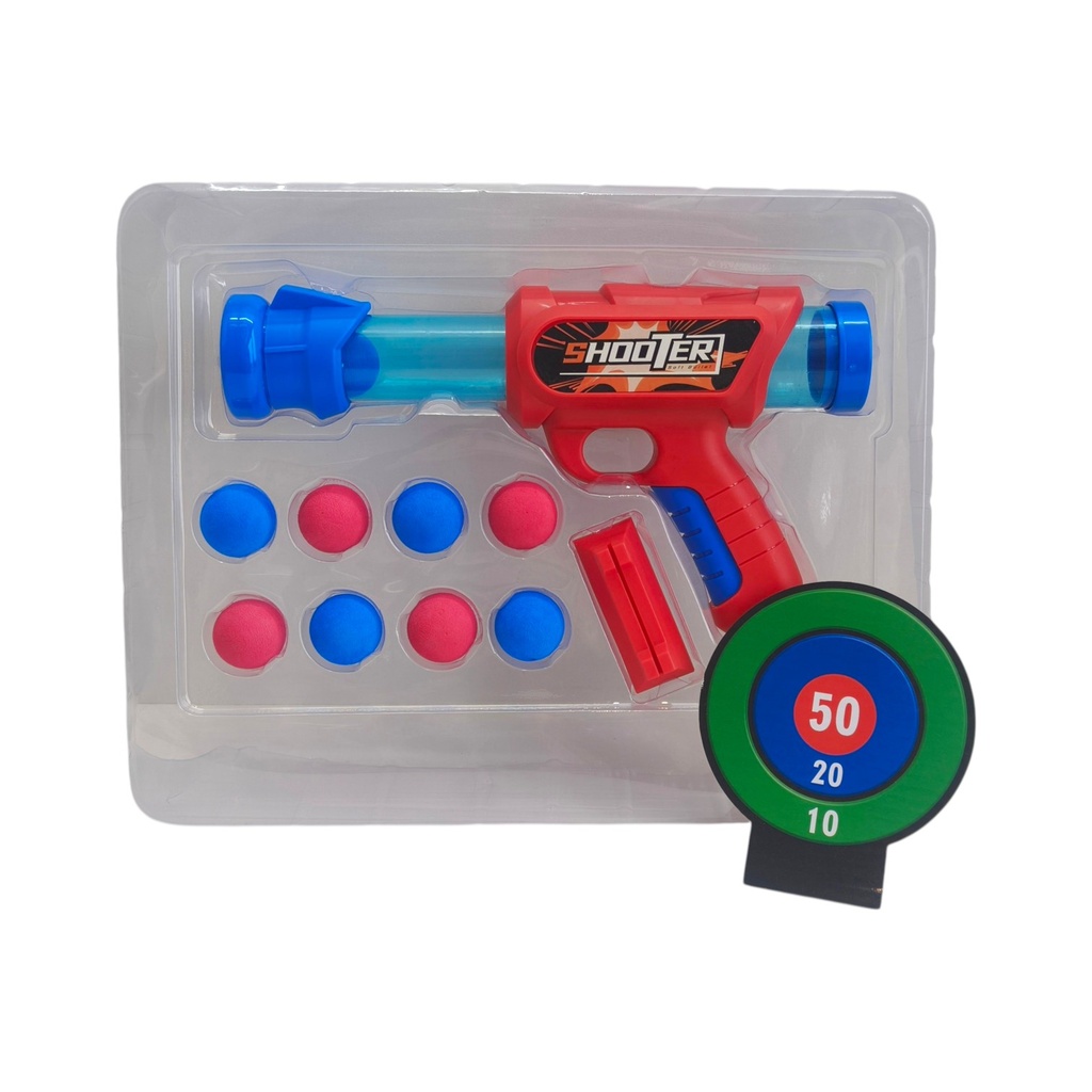 Pistola lanza pelotas, en caja, varios colores