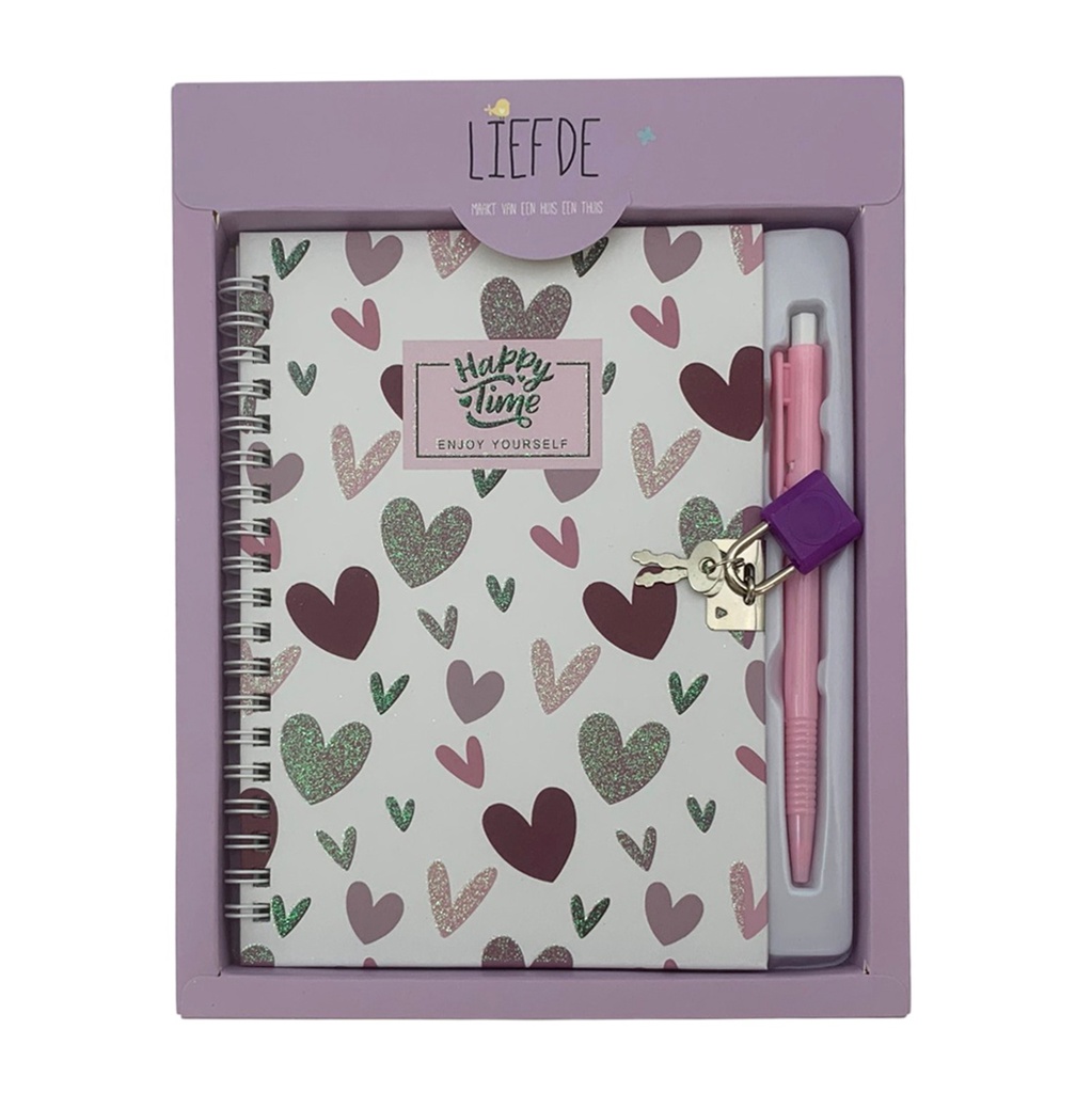 Diario íntimo con llave y lapicera, varios diseños, corazones, en caja