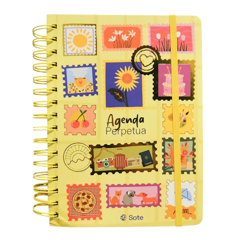 [E3678] Agenda semana a la vista perpetua A5, tapa dura, doble espiral de metal, con stickers, post it, marcadores, sobre, hojas para notas y actividades, SOTE