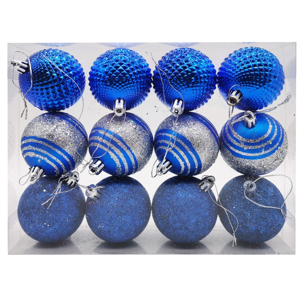Bolas navideñas x12 5cm, 3 diseños, en caja de mica azul