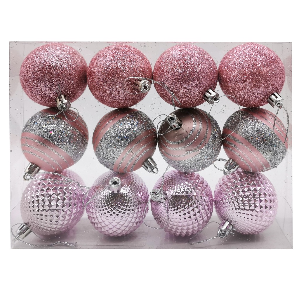 [HN334E] Bolas navideñas x12 5cm, 3 diseños, en caja de mica rosado