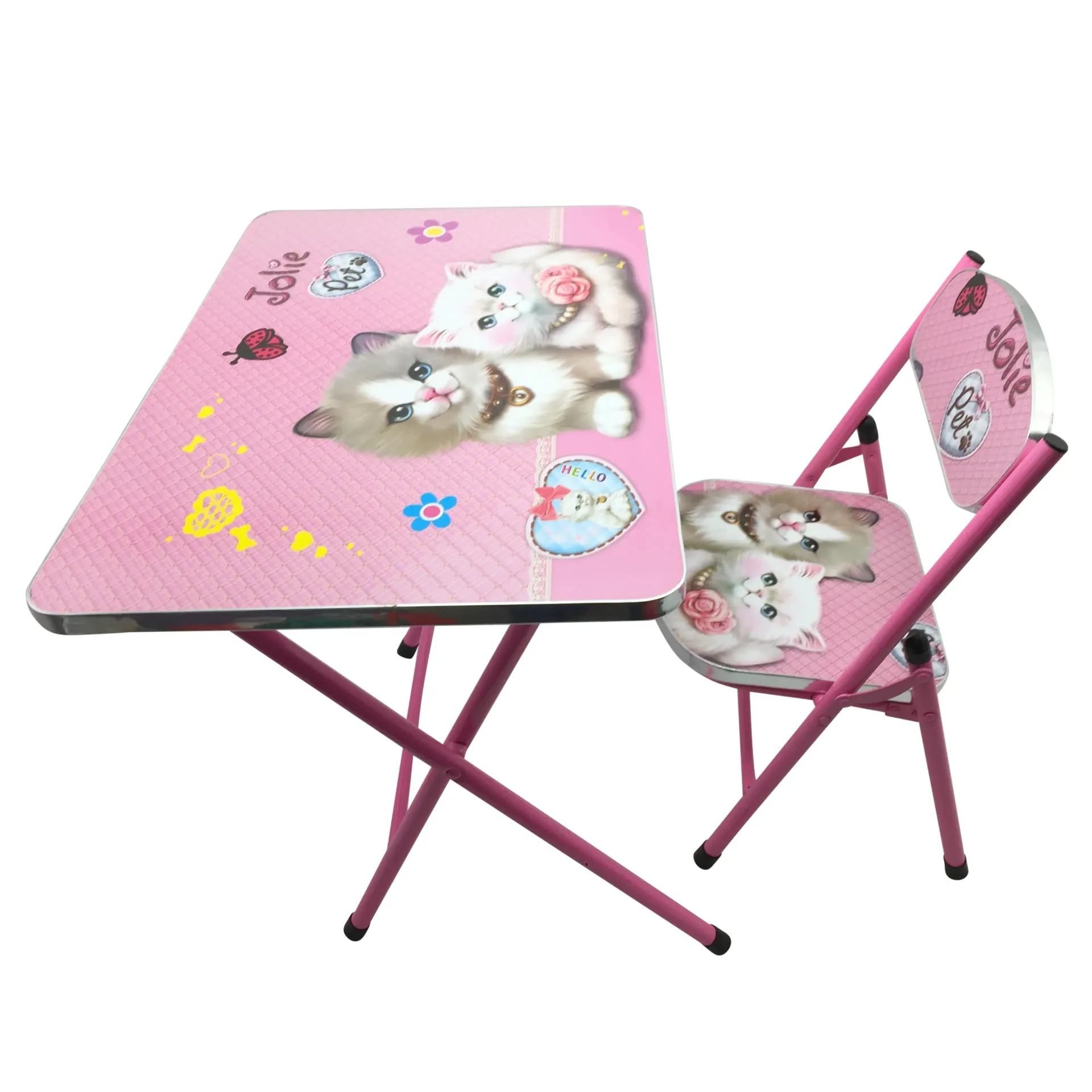 Mesa y silla plegable, madera y metal ROSADO, varios diseños en caja