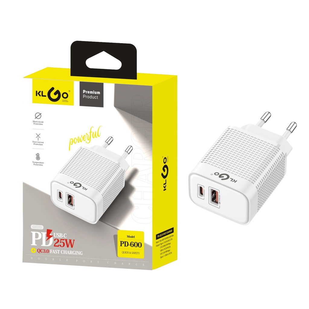 Cargador con entrada USB-A y USB-C, KLGO en caja