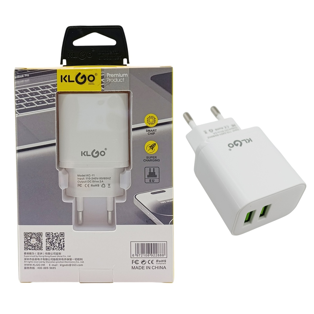 [HE1858] Cargador con 2 entradas USB carga rápida, varios colores, KLGO en caja