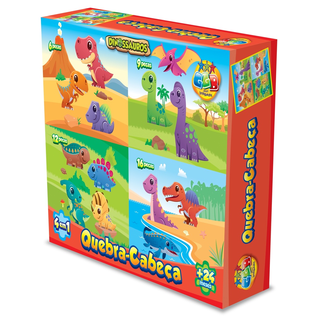 Puzzle de cartón, 43 piezas, 4 puzzles dinosaurios, en caja